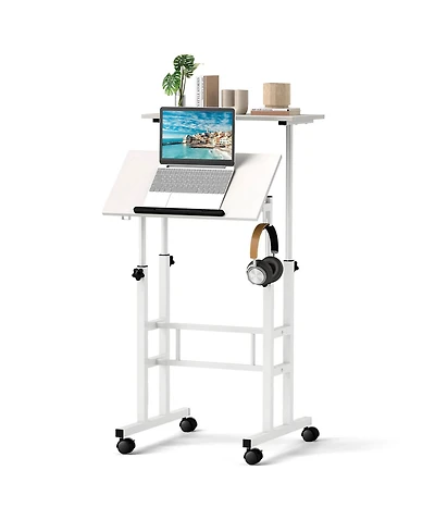 Height Adjustable Mobile Standing Desk with Tiltable Desktop & 2 Hanging Hooks