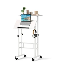 Height Adjustable Mobile Standing Desk with Tiltable Desktop & 2 Hanging Hooks