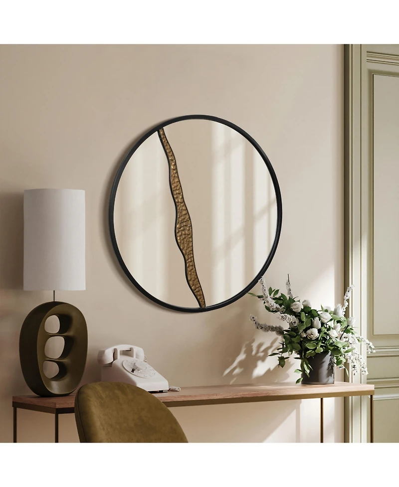 LuxenHome Goldrush Black Metal Frame Round Wall Mirror