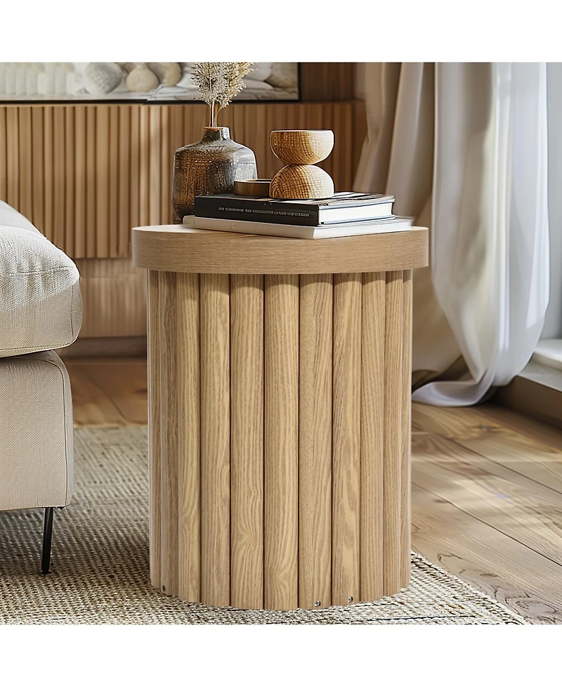 LuxenHome Wood Fluted Round Side Table Mid Century Modern Small End Table for Small Spaces