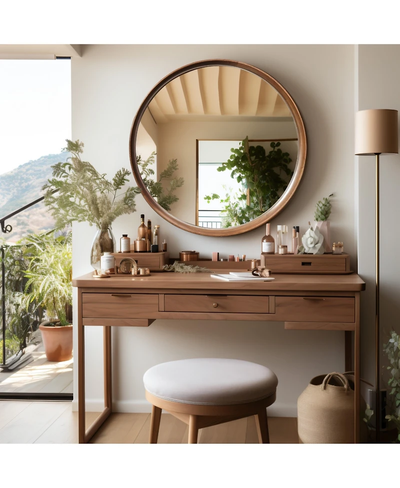 LuxenHome Natural Rubberwood Frame Round Wall Mirror