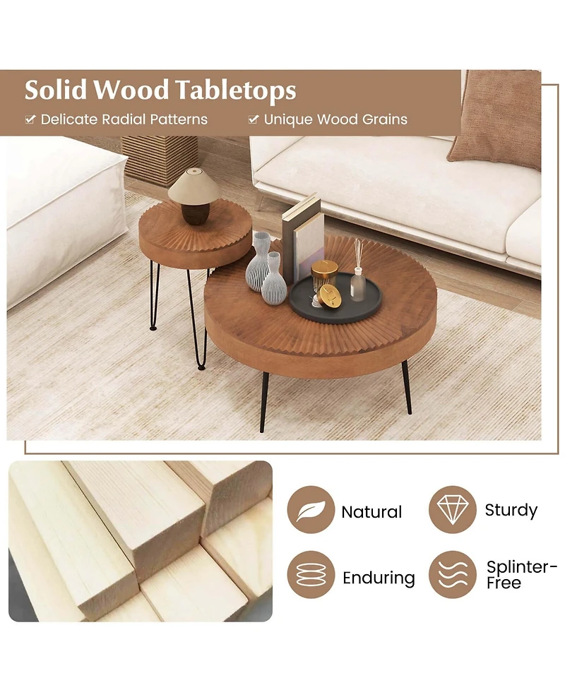 Costway Farmhouse Round CoffeeTable Set of 2 End Table Natural Finish for Living Room Coffee