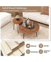 Costway Farmhouse Round CoffeeTable Set of 2 End Table Natural Finish for Living Room Coffee