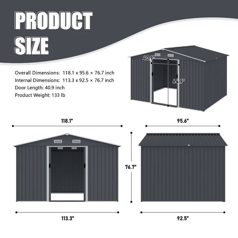 Outdoor Storage Shed 8 x 10 Ft Large Metal Tool Sheds, Heavy Duty Storage House with Sliding Doors with Air Vent for Backyard Patio Lawn to Store Bike