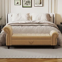 64.5" Bed Bench for Bed Room Nails Tufted Chaise of Lounge with Storage Velvet Upholstery Khaki