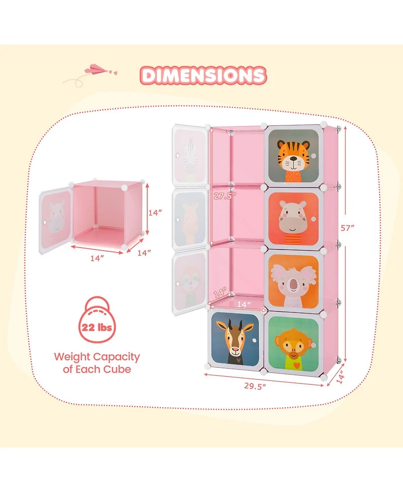 8-Cube Kids Wardrobe Baby Dresser Bedroom Armoire Clothes Hanging Closet with Doors