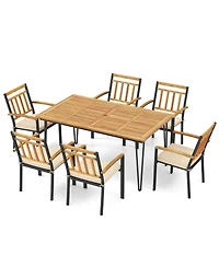 Costway 7 Pcs Patio Dining Set with Acacia Wood Dining Table Rattan Armchairs Soft Cushions