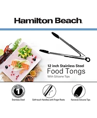 Hamilton Beach Stainless Steel 12in Food Tong with Silicon Top, Serving Tongs for cooking, Spaghetti Spoon with Non-Stick Silicone Tips, Multi-functio