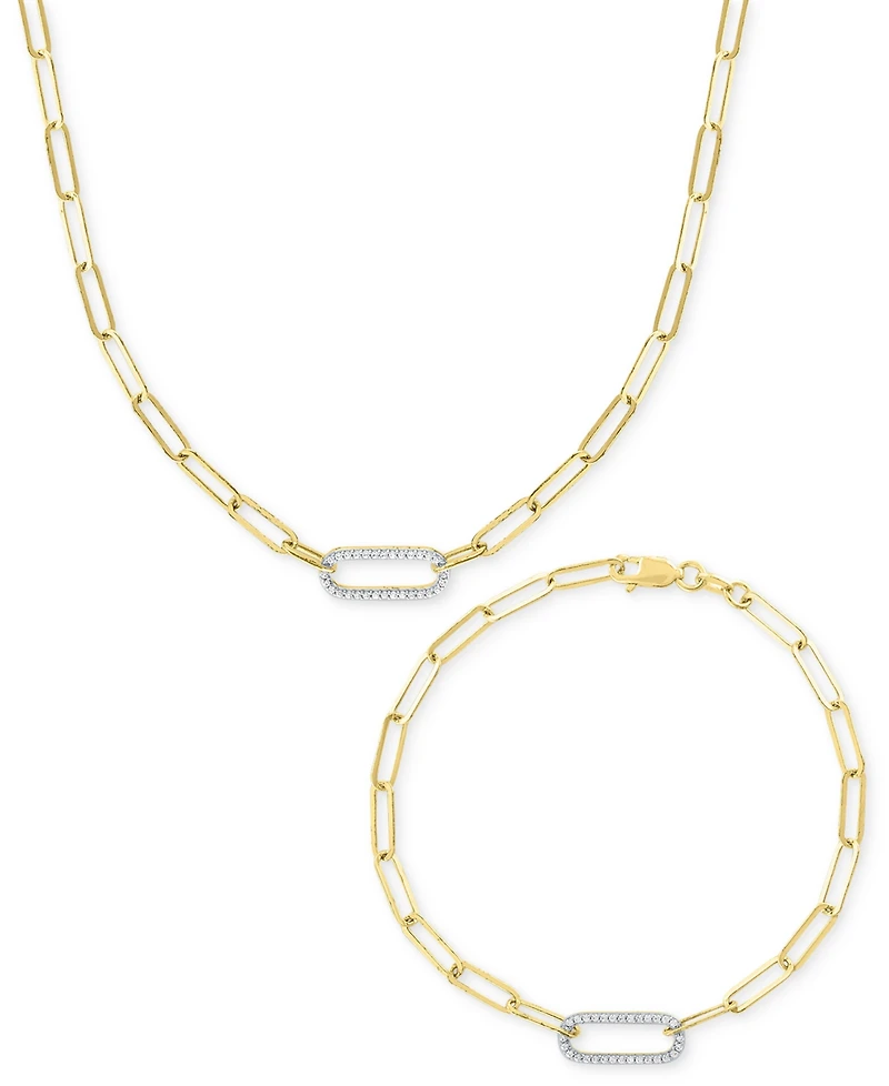 2-Pc. Set Diamond Paperclip Link Collar Necklace & Bracelet (1/4 ct. t.w.) in 14k Gold-Plated Sterling Silver