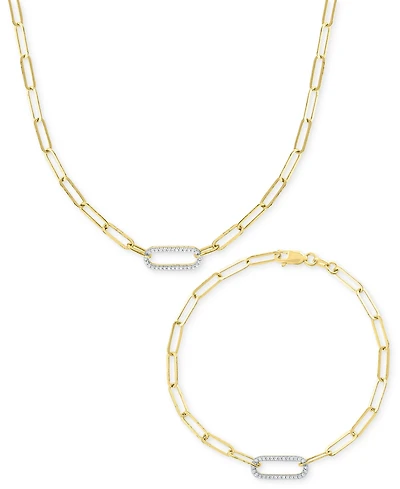 2-Pc. Set Diamond Paperclip Link Collar Necklace & Bracelet (1/4 ct. t.w.) in 14k Gold-Plated Sterling Silver
