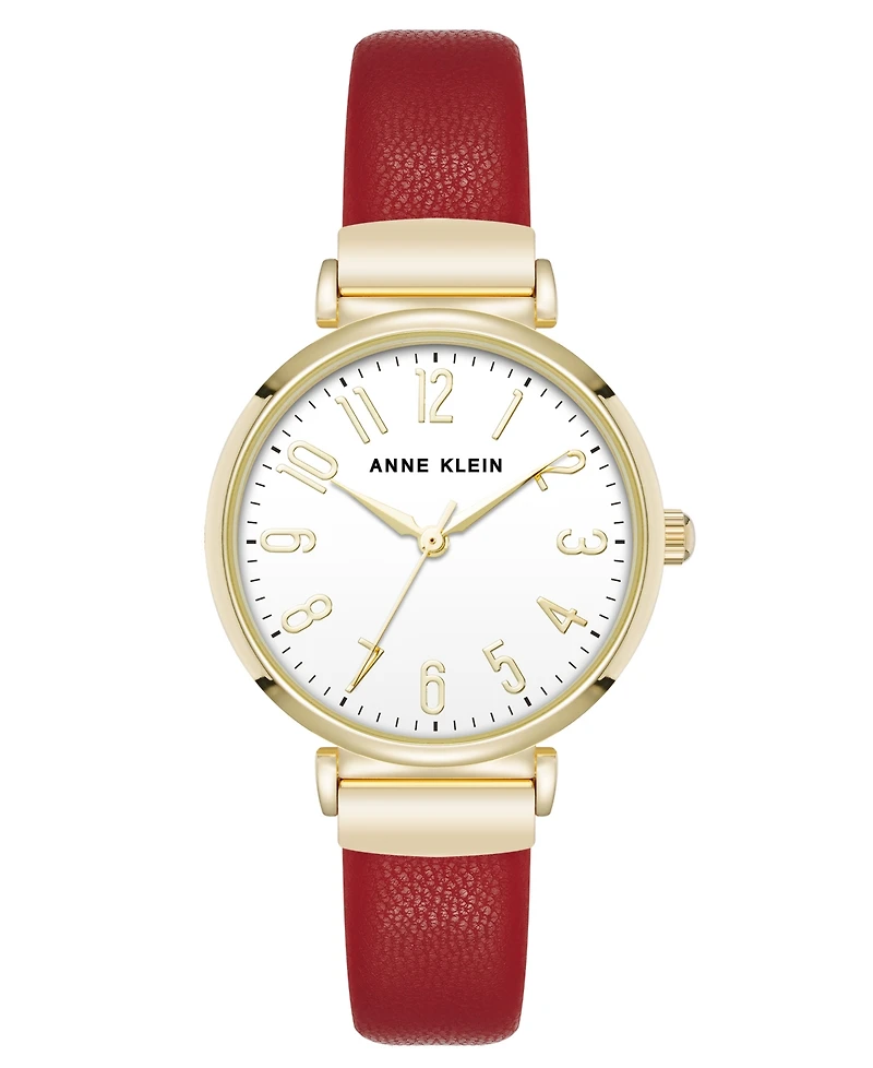 Anne Klein Women's Quartz Round Easy to Read Red Faux Leather and Gold-Tone Alloy Metal Watch, 32mm