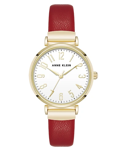 Anne Klein Women's Quartz Round Easy to Read Red Faux Leather and Gold-Tone Alloy Metal Watch, 32mm