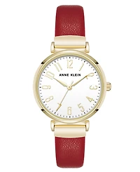 Anne Klein Women's Quartz Round Easy to Read Red Faux Leather and Gold-Tone Alloy Metal Watch, 32mm