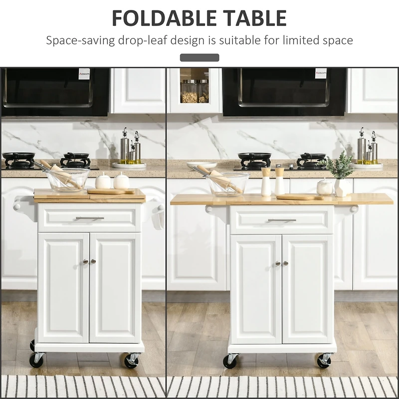 Kitchen Island with Drop Leaf Trolley Cart on Wheels Drawer Cabinet Towel Racks Versatile Use Natural Wood Top and White