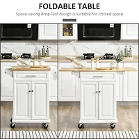 Kitchen Island with Drop Leaf Trolley Cart on Wheels Drawer Cabinet Towel Racks Versatile Use Natural Wood Top and White
