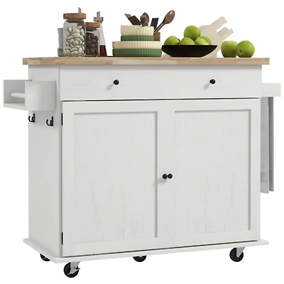Kitchen Island with Storage, Farmhouse Rolling Kitchen Island Cart on Wheels with Drawer, 2 Cabinets, Rubberwood Top, Spice Rack, Towel Racks and 2 Ho