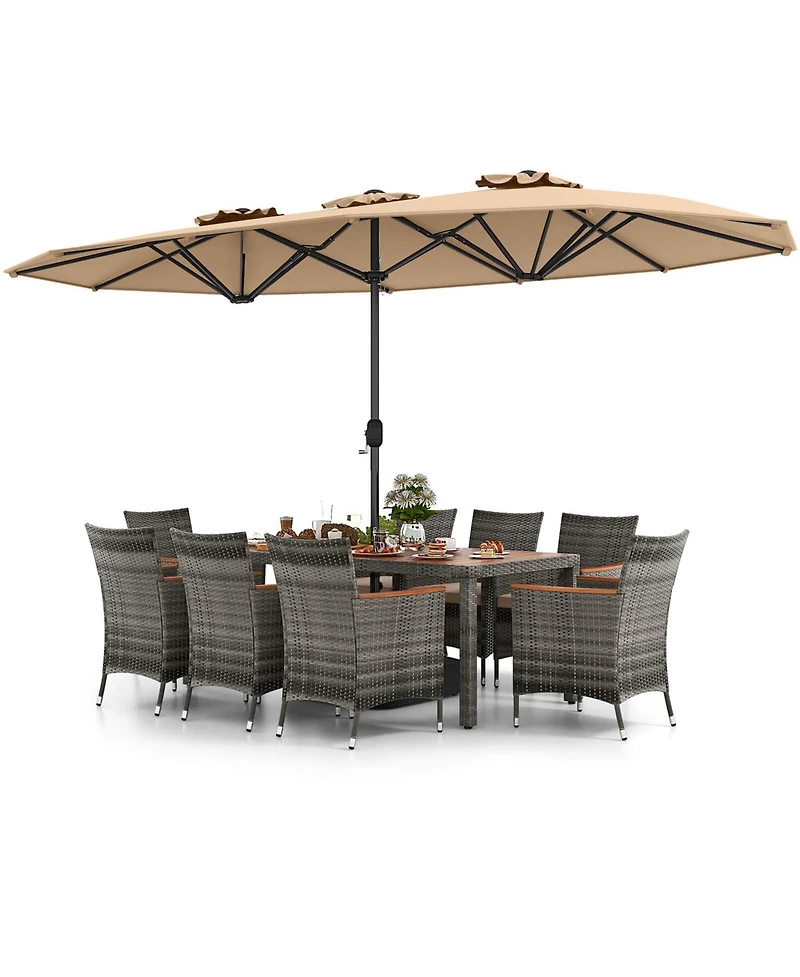 Costway 10 Pieces Patio Wicker Dining Set with Double-Sided Umbrella 8 Armchairs