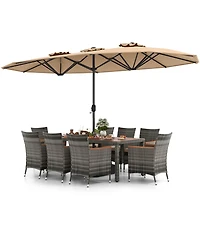 Costway 10 Pieces Patio Wicker Dining Set with Double-Sided Umbrella 8 Armchairs