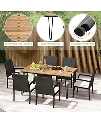 7 Pcs Patio Dining Set with Acacia Wood Dining Table Rattan Armchairs Soft Cushions