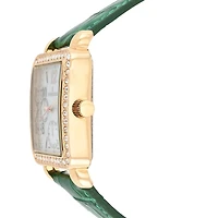 Peugeot Women's 14K Gold Plated Square Dress Watch with European Crystals and Green Leather Band