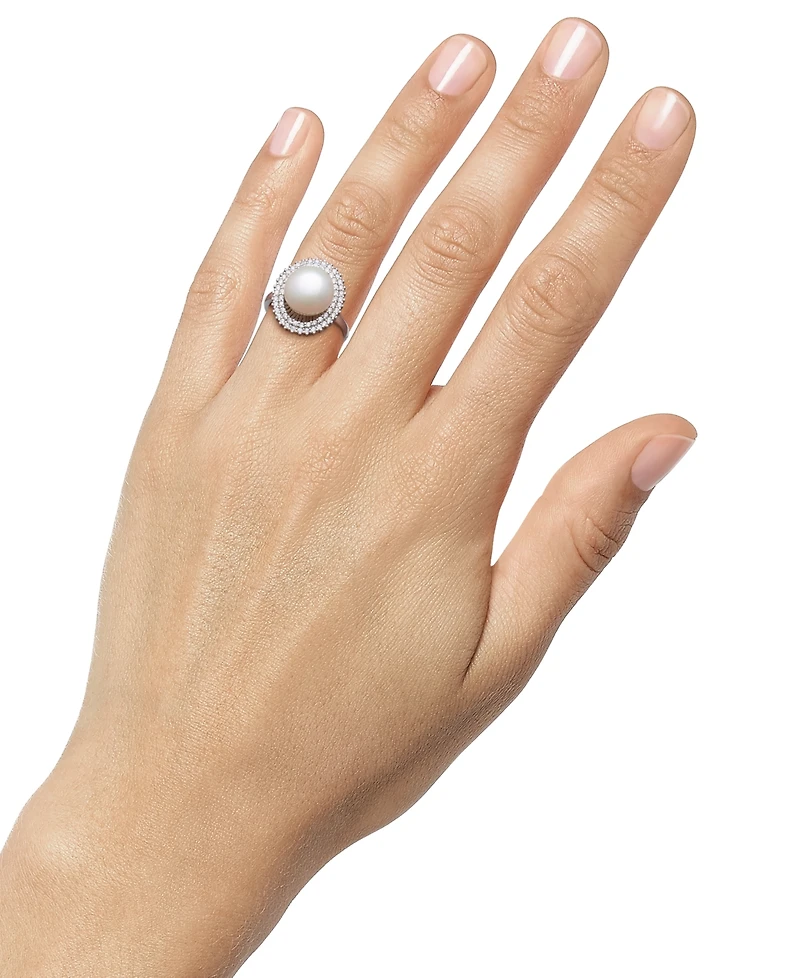 Belle de Mer Peacock Black Cultured Freshwater Pearl (10mm) & Cubic Zirconia Halo Ring Sterling Silver (Also White Pearl)