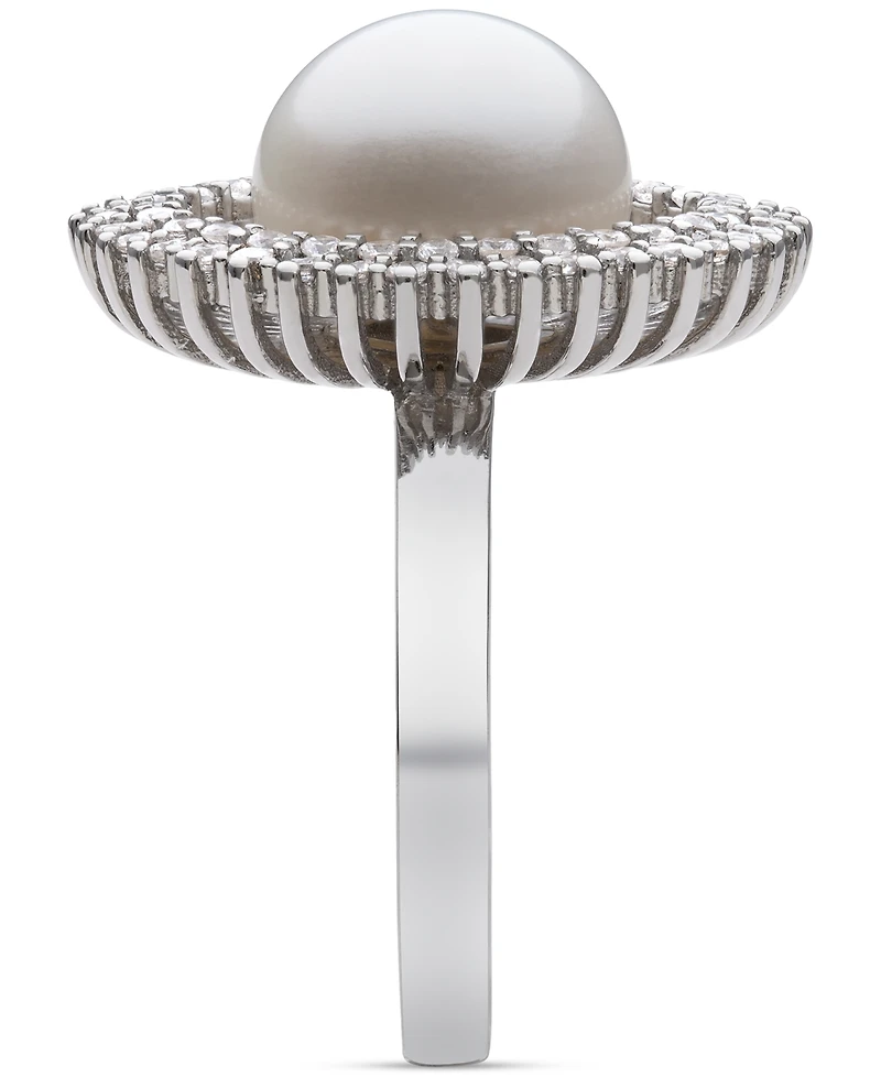 Belle de Mer Peacock Black Cultured Freshwater Pearl (10mm) & Cubic Zirconia Halo Ring Sterling Silver (Also White Pearl)