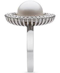 Belle de Mer Peacock Black Cultured Freshwater Pearl (10mm) & Cubic Zirconia Halo Ring Sterling Silver (Also White Pearl)