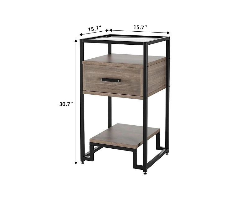 Nightstand Set of 2, Mid Century Modern End Table with 3-Tier Storage & Tempered Glass Top and Storage Drawer for Bedroom, Live Room