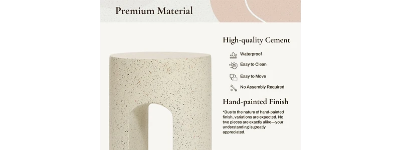 LuxenHome Outdoor Side Table, 17.5'' Mod Cream Cement Small Accent Table, Round with U-Shape End Tables for Garden,Patio,Balcony, Plant Stand