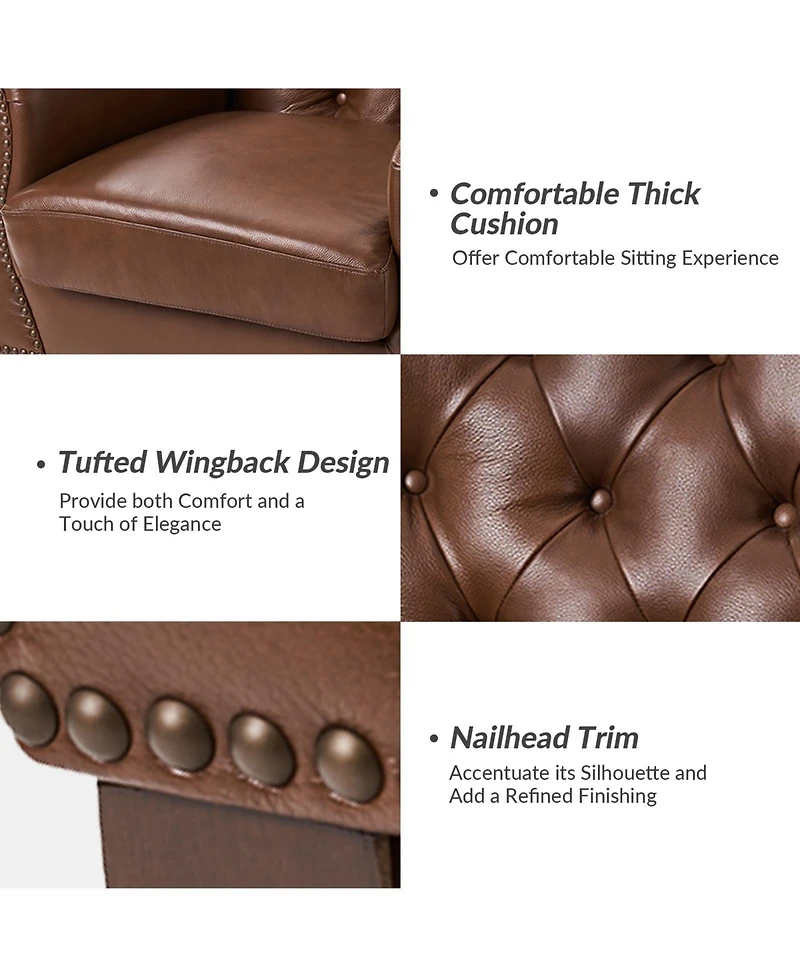 Hulala Home Eugene Traditional Genuine Leather Chair with Tufted Wing Back and Solid Wood