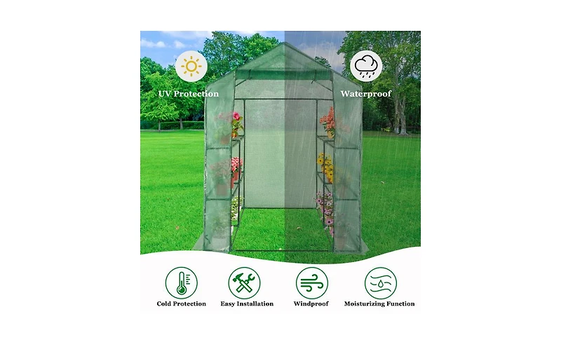 Slickblue Pipe Greenhouse with 8-Piece Grid Flower Stand - Zipper Rolling Door & Pe Cloth for Plants