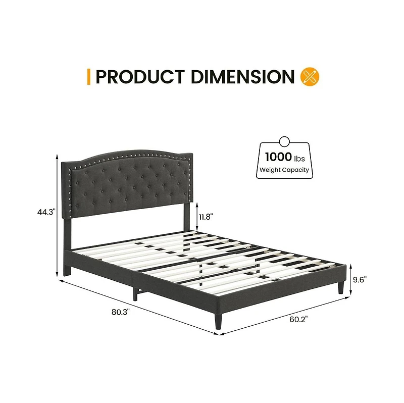 gaomon Queen Size Bed Frame with Button Tufted Headboard, Mattress Foundation, Easy Assembly, No Box Spring Needed
