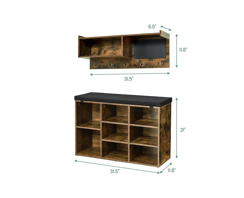 gaomon Hall Tree Shoe Bench Industrial 6 in 1 Coat/Shoe Rack with 5 Hooks,9 Storage Cubbies with Bookshelf and Small Blackboard,for Entryway,Hallway