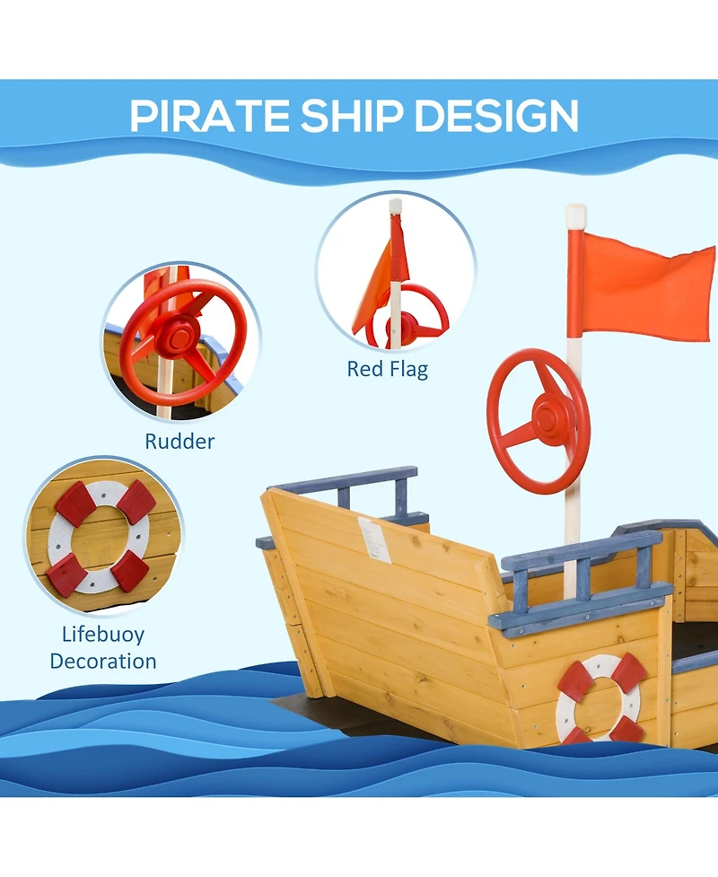Wooden Kids Pirate Sandbox, Outdoor Sandboat with Bench Seats, Storage, Non-Woven Fabric Cloth for Backyard, Lawn