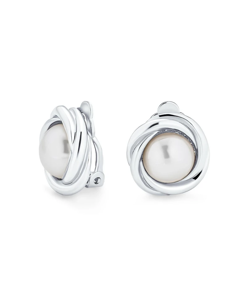 Bling Jewelry Twist Braided Rope Clip-On Earrings with Simulated Pearl Silver Gold Plated