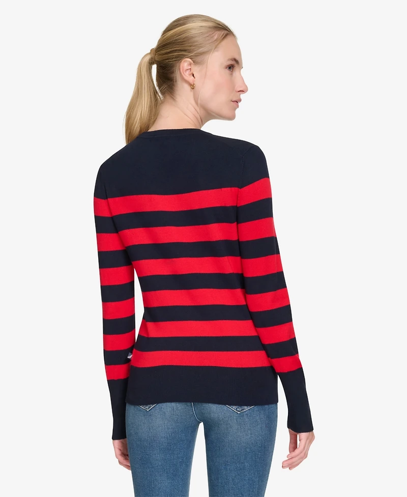 Nautica Jeans Women's Crewneck Stripe Sweater with Button Sleeve