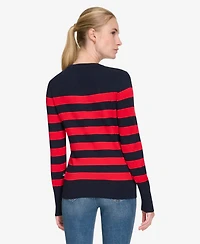 Nautica Jeans Women's Crewneck Stripe Sweater with Button Sleeve