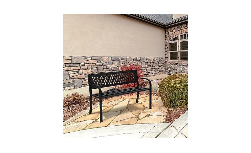 Slickblue 47-Inch Black Iron Bench with Pvc Mesh Backrest – Sturdy and Stylish Seating for Outdoor Spaces and Gardens