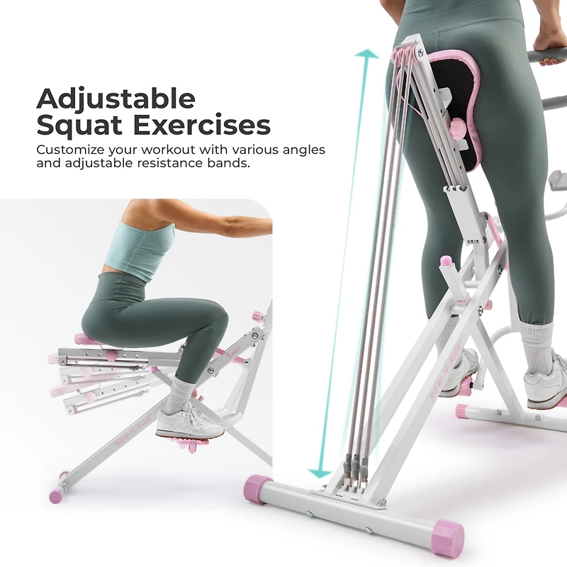 Sunny Health & Fitness Pink Row-n-Ride Plus, Squat Assist Rower, 330LBs Capacity and Free Access to SunnyFit App