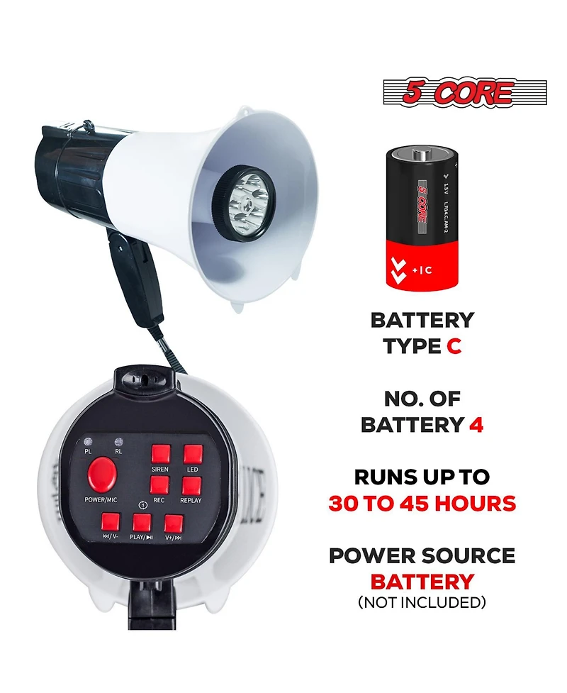 5 Core Megaphone Portable 30W BullhornSiren w Led Adjustable Volume Bull Horn Loudspeaker 800 Yard Range 148 Led