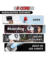 5 Core Megaphone Portable 30W BullhornSiren w Led Adjustable Volume Bull Horn Loudspeaker 800 Yard Range 148 Led