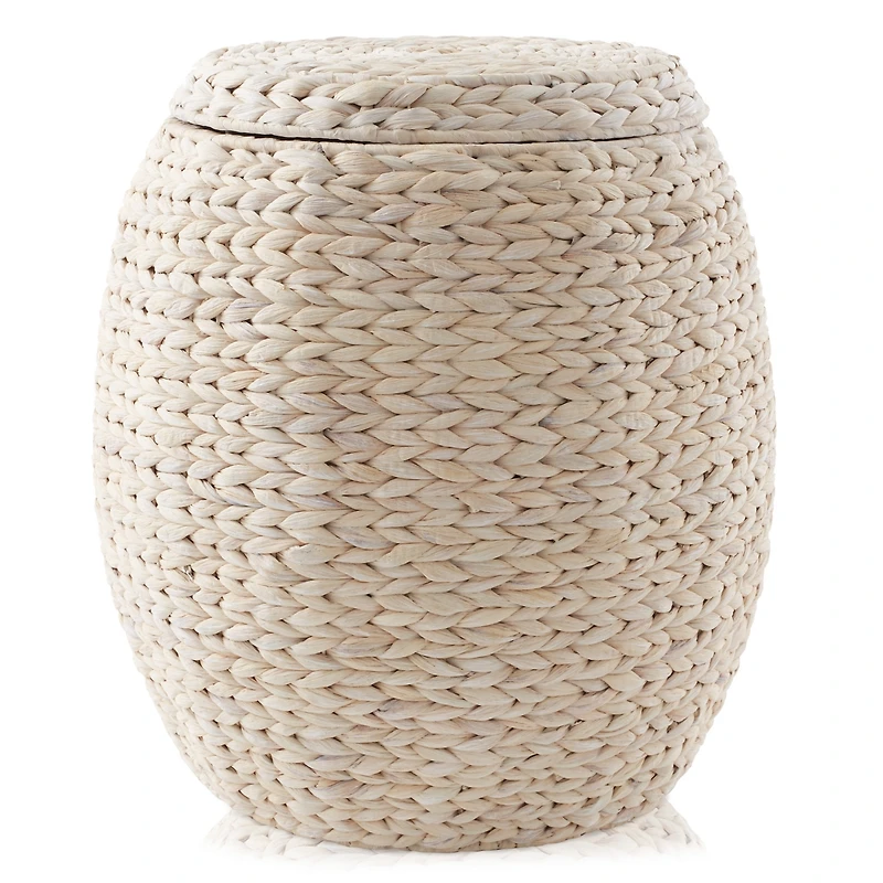 Casafield Round Storage Basket with Lid, Whitewash - Handwoven Water Hyacinth Hamper Organizer for Laundry, Blankets, Plants
