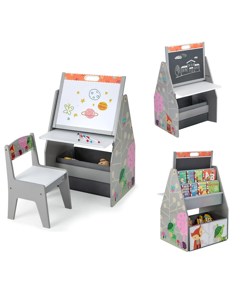 3 in 1 Kids Easel and Play Station Convertible with Chair and Storage Bins