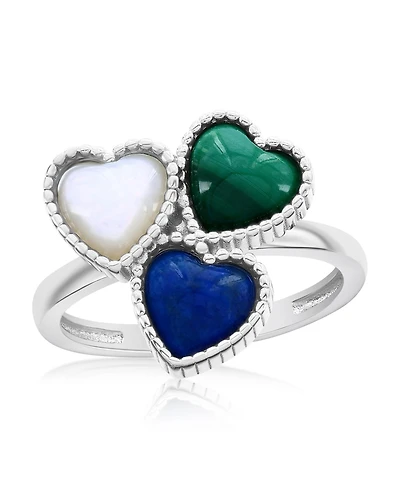 Caribbean Treasures Sterling Silver Triple Cluster Heart Mop, Lapis, & Malachite Ring