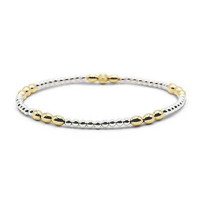 Non-Tarnishing Gold Filled Elongated Bead and Sterling Silver Ball Stretch Bracelet