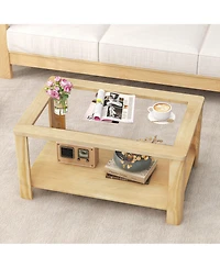 Gymax 2-Tier Coffee Table w/ Tempered Glass Tabletop & Storage Shelf Rounded Corners