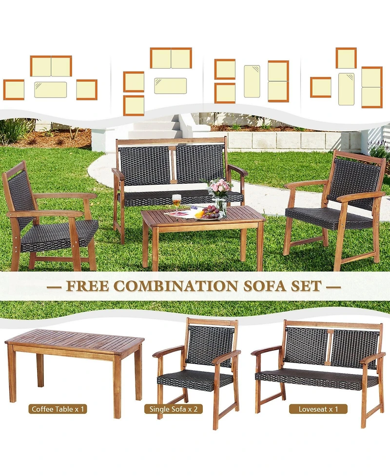 Sugift 4 Pieces Outdoor Patio Rattan Furniture Conversation Sets with Acacia Wood Frame