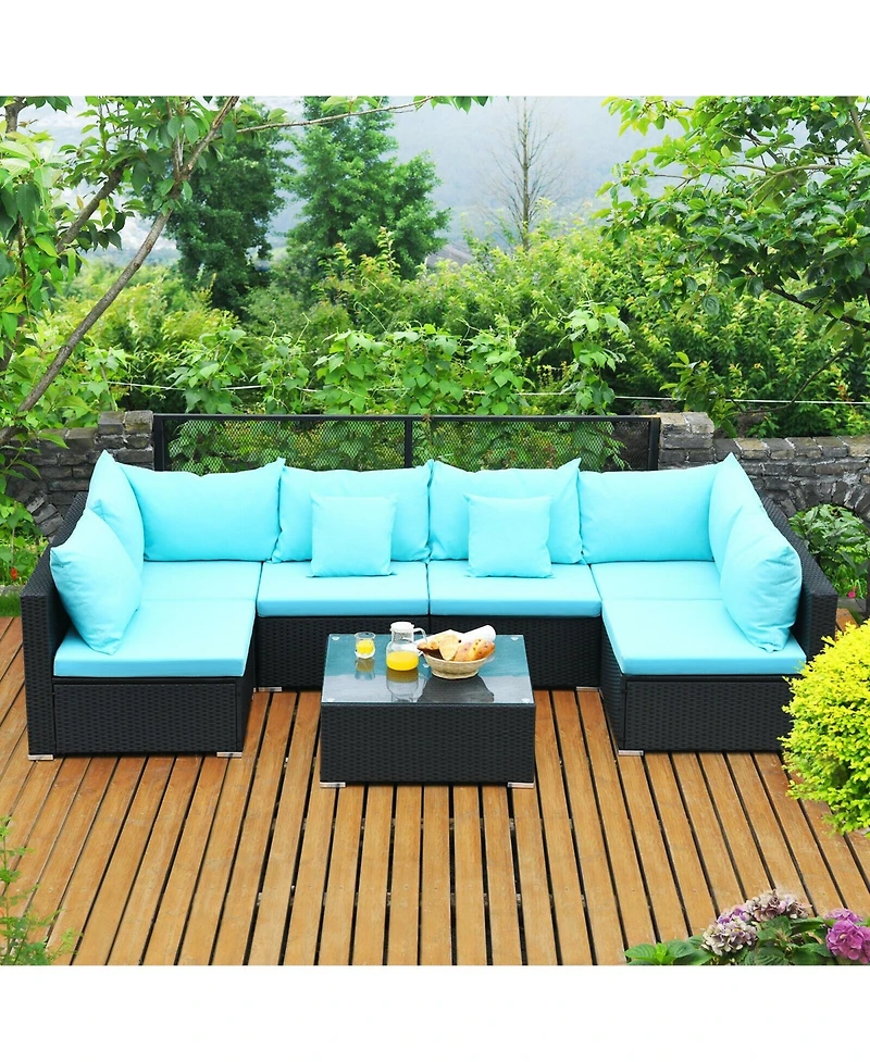 Sugift 7 Pieces Sectional Wicker Furniture Sofa Set with Tempered Glass Top-Blue