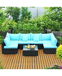 Sugift 7 Pieces Sectional Wicker Furniture Sofa Set with Tempered Glass Top-Blue