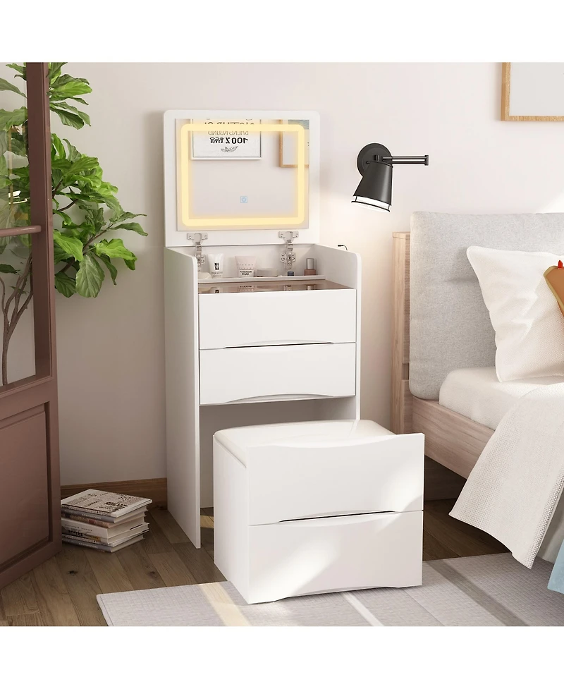 Famapy White Makeup Vanity Sets Dressing Chest with Flip-top Mirror, 3-Drawers, See-Through Glass Top, Led Lights and Stool